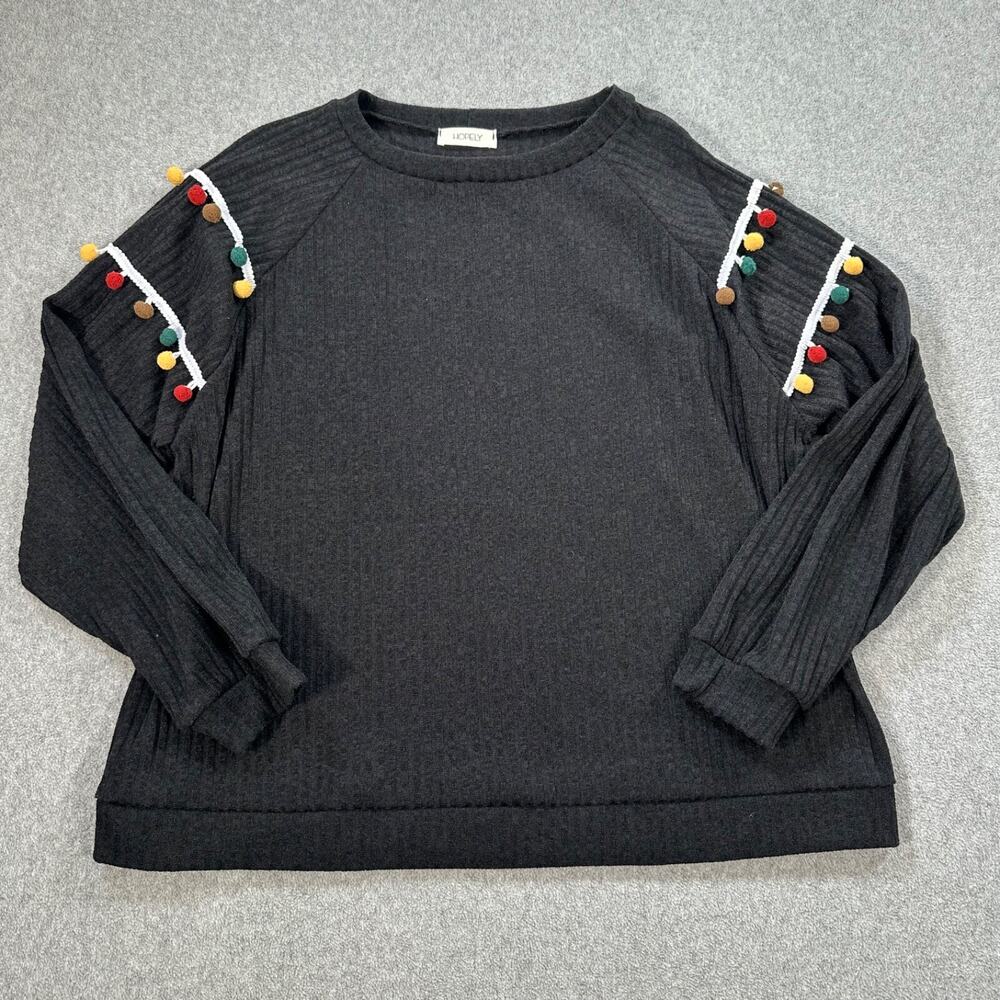 Hopely Pom Pom Trim Sweater Womens Large Black Ribbed Knit Crew Neck Long Sleeve